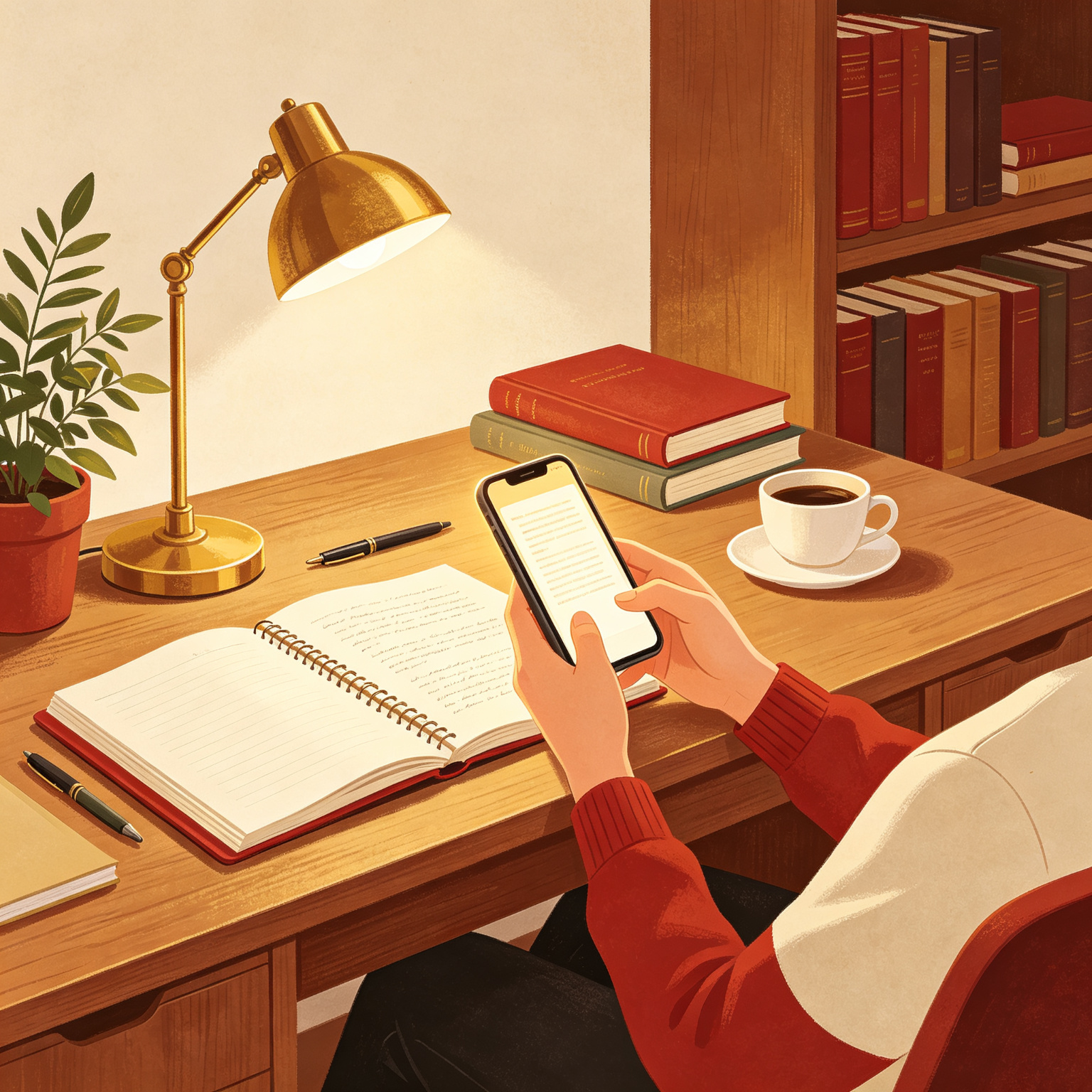 在书桌旁通过手机专注学习的插画